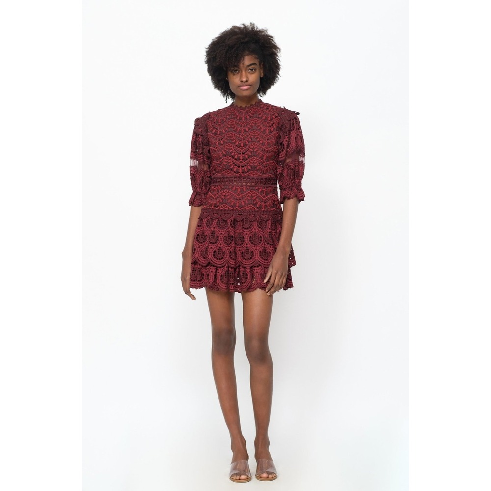 SEA New York Rosalie Lace Mini Dress Women's 2 Burgundy Scalloped Ruffled Cuffs